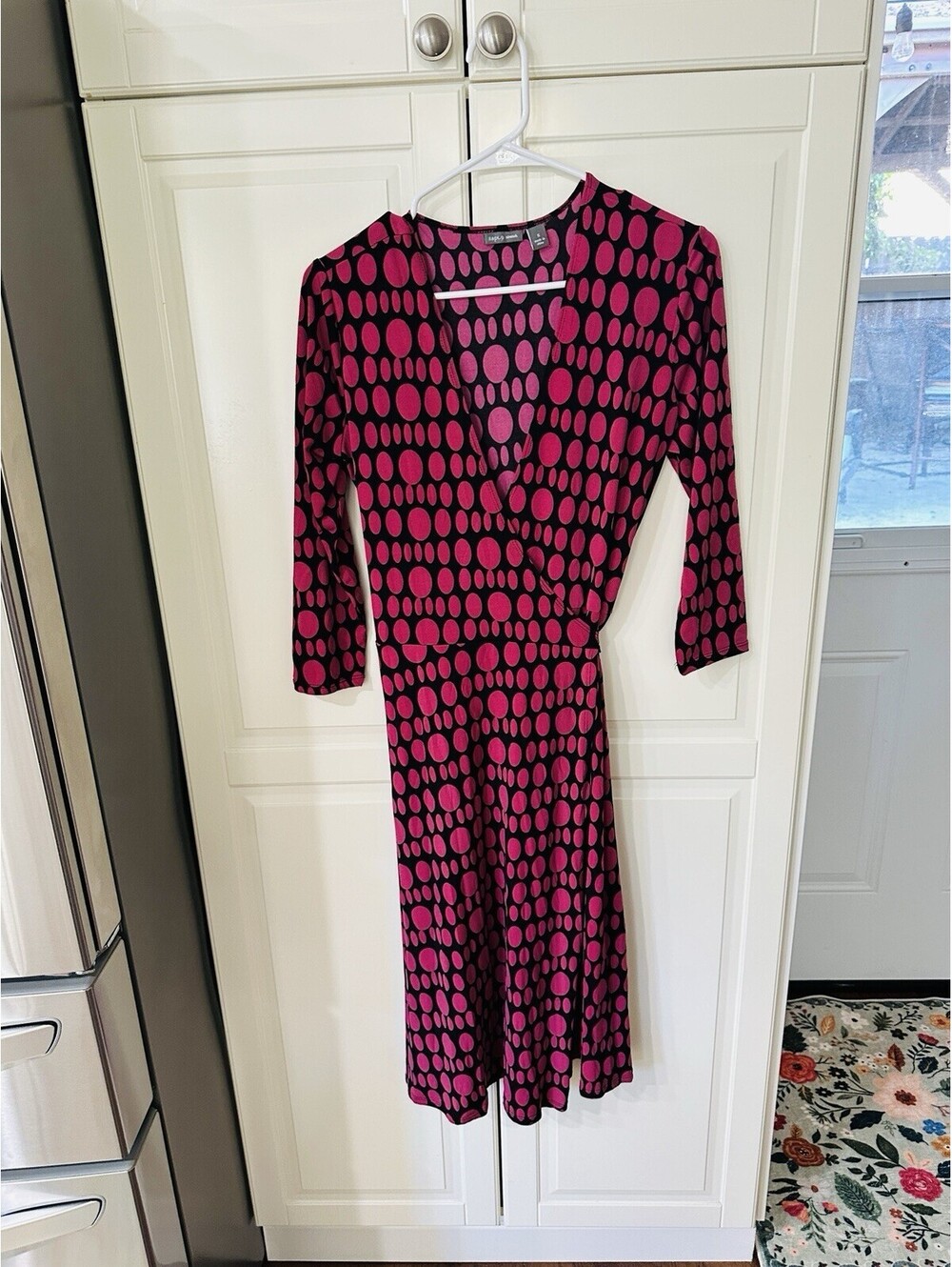 Apt. 9 Wrap Dress Womens Large Pink Black Polka Dot Midi 3/4 Sleeve Stretch